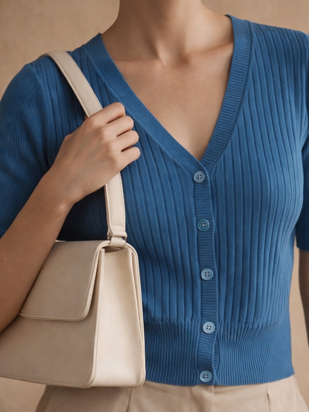 Blue Ribbed Button Front Cardigan | Cropped Knit Top